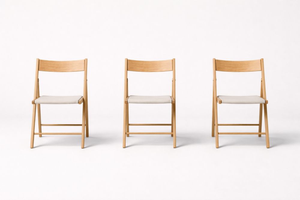 Set of 3 Oak Wood Folding Chairs with Linen Cushions