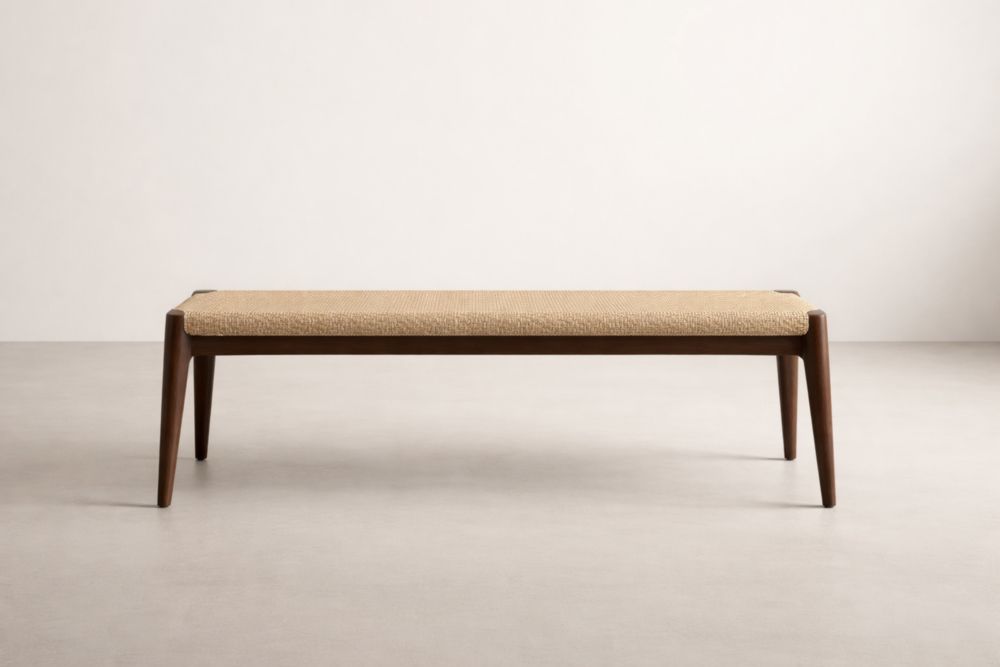 Wood Bench with Beige Woven Fabric Upholstery 120cm