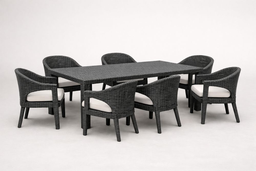 Outdoor Wicker Dining Table Set with 7 Cushioned Chairs Black Rattan