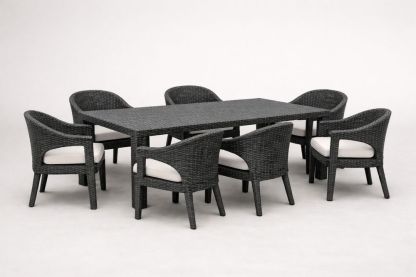 Outdoor Wicker Dining Table Set with 7 Cushioned Chairs Black Rattan