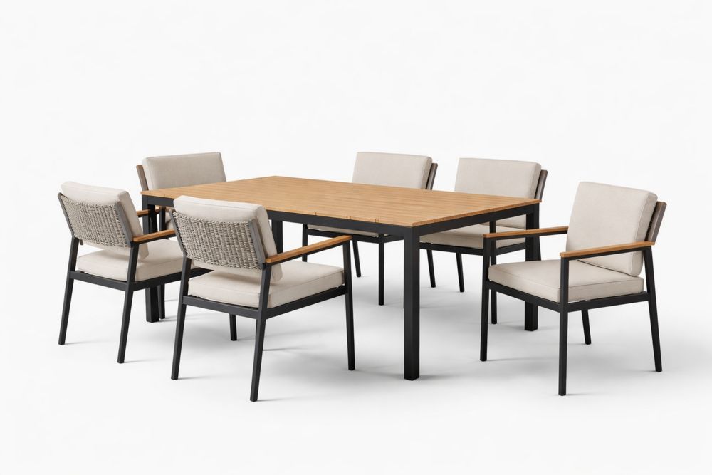 Outdoor Dining Set with Hardwood Table and Steel Frame Chairs Beige Cushions