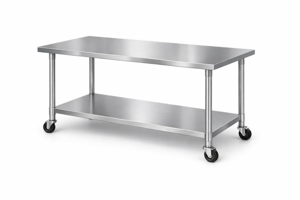Stainless steel mobile work table with casters, dimensions: 60 × 30 × 34 inches