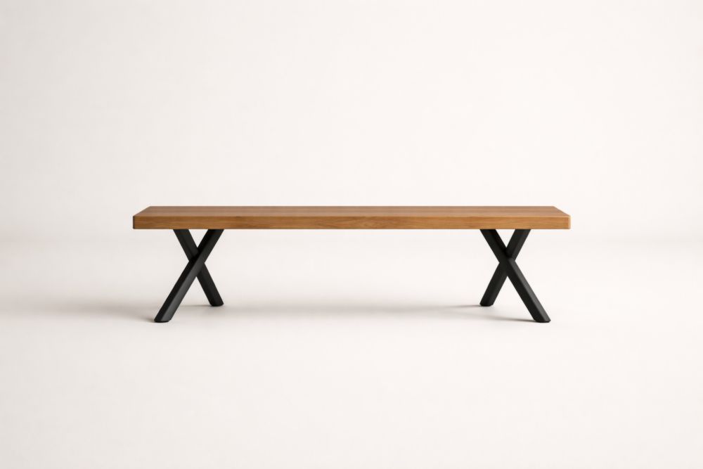 Wooden Bench with X-Shaped Metal Legs, Brown, 180 cm