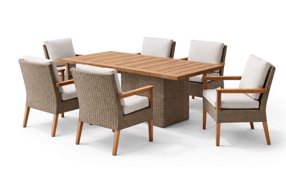 Outdoor Wicker Dining Set with Teak Wood Table and Cushioned Chairs