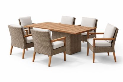 Outdoor Wicker Dining Set with Teak Wood Table and Cushioned Chairs