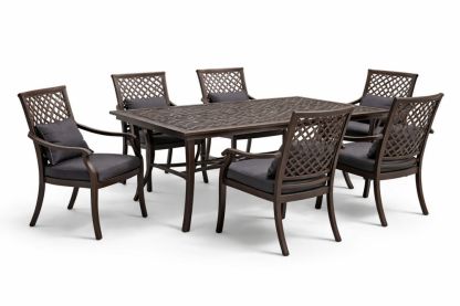 Aluminum Outdoor Dining Set with Rectangular Table and Six Brown Armchairs