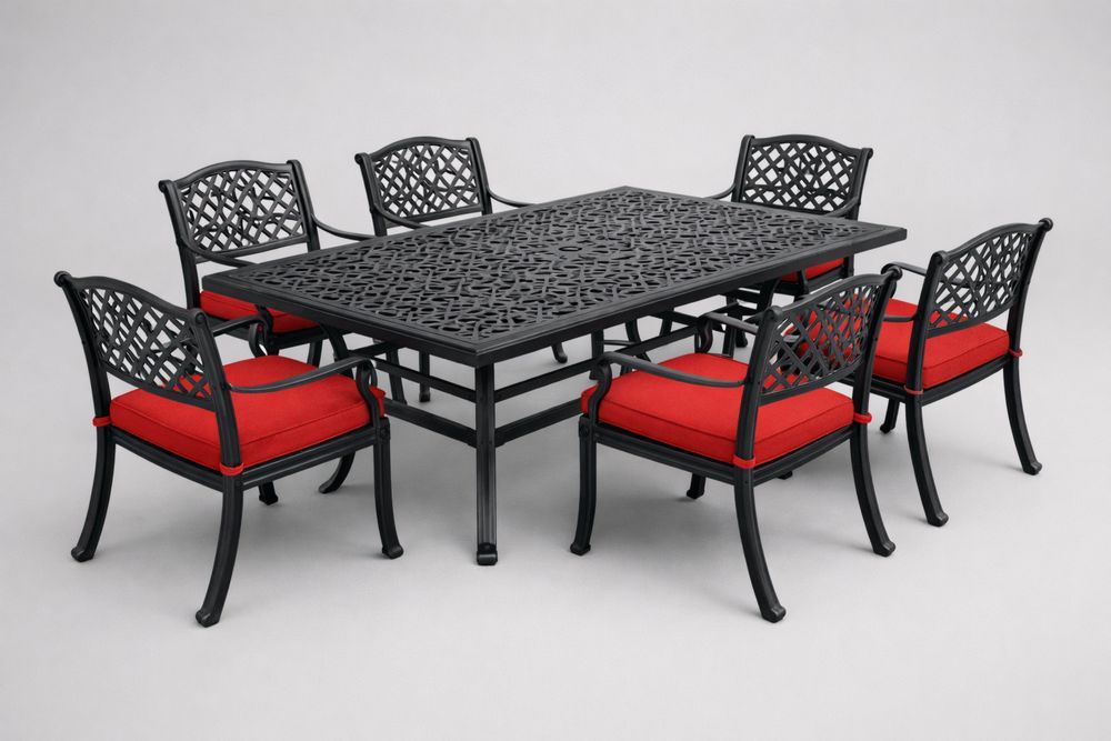 Black and Red Outdoor Cast Aluminum Patio Dining Set with Cushions 7 Piece