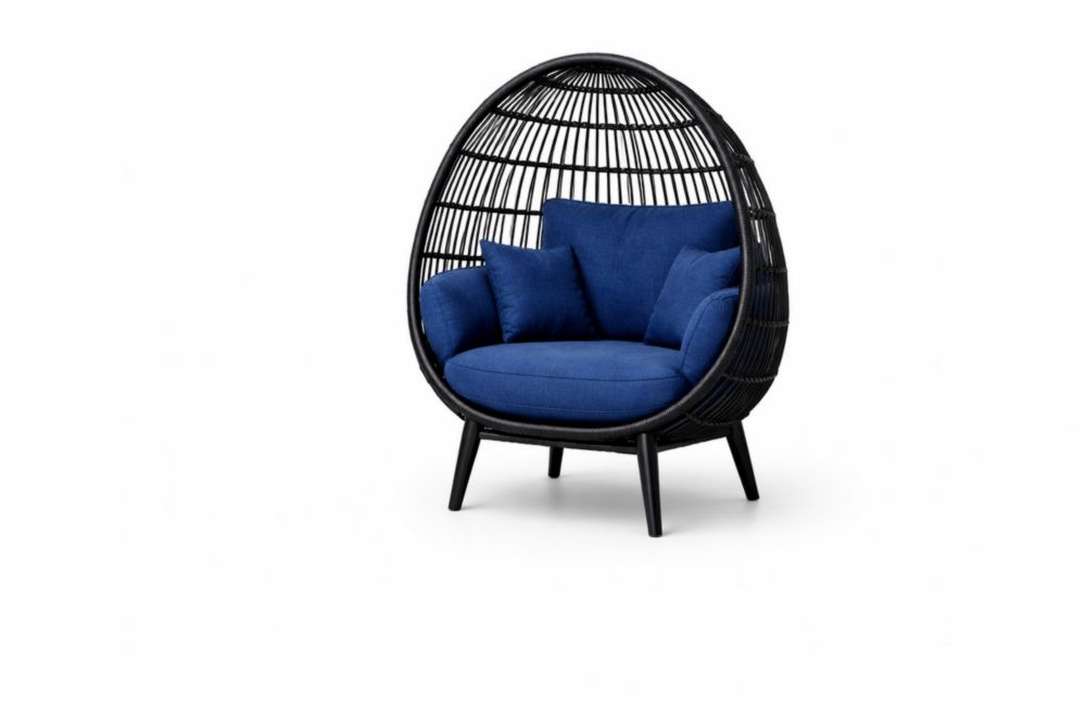 Wicker Egg-Shaped Lounge Chair with Blue Cushions