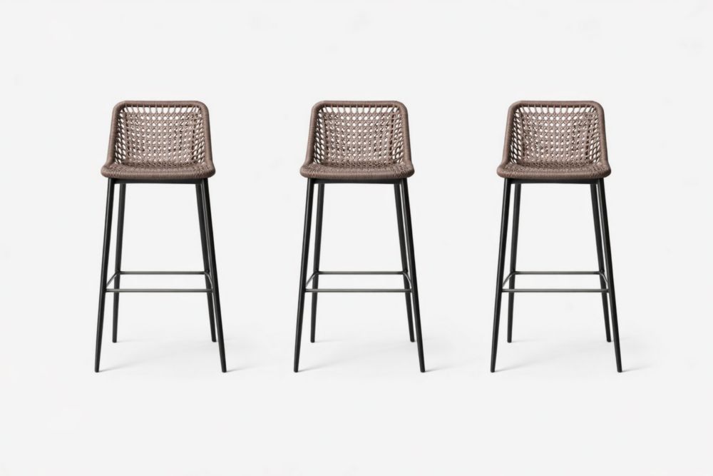 Set of 3 Rattan Woven Bar Stools with Steel Frame in Brown