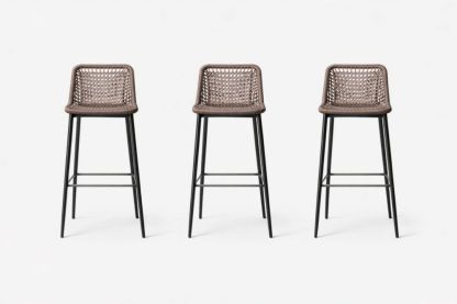 Set of 3 Rattan Woven Bar Stools with Steel Frame in Brown
