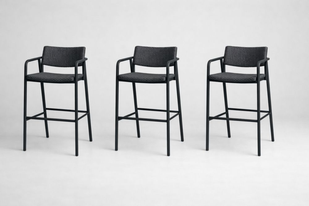 Set of 3 Black Wicker Bar Stools with Metal Frame and Armrests