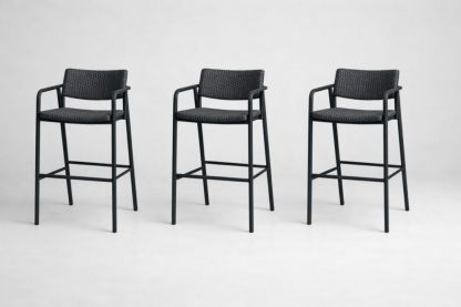 Set of 3 Black Wicker Bar Stools with Metal Frame and Armrests