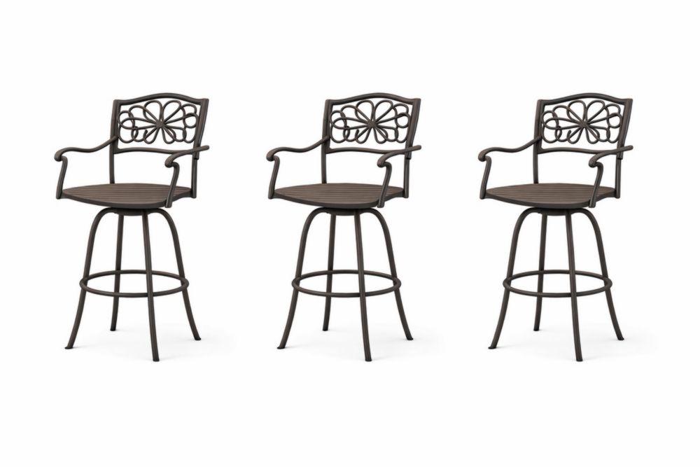 Metal Outdoor Swivel Bar Chairs Set of 3 with Armrests and Decorative Backrest Brown