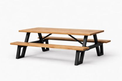 Outdoor Teak wood and Steel Picnic Table Set Brown and Black