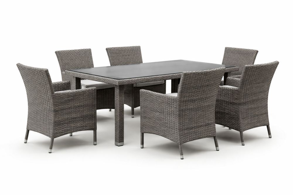 Outdoor Dining Table Set with 6 Wicker Chairs and Tempered Glass Top in Gray