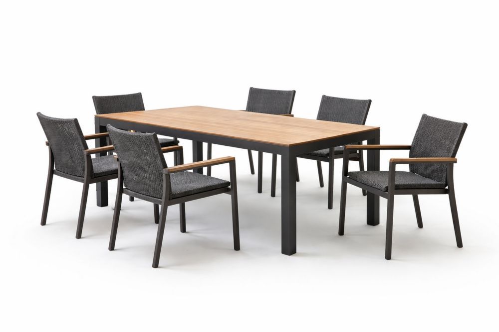 Outdoor Dining Set Aluminum Table with Teak and 6 Wicker Chairs Brown Black