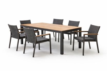 Outdoor Dining Set Aluminum Table with Teak and 6 Wicker Chairs Brown Black