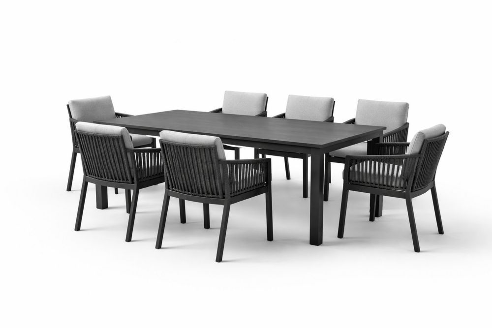 Aluminum Outdoor Dining Set with Rectangular Table and Seven Rope Armchairs Grey Cushions