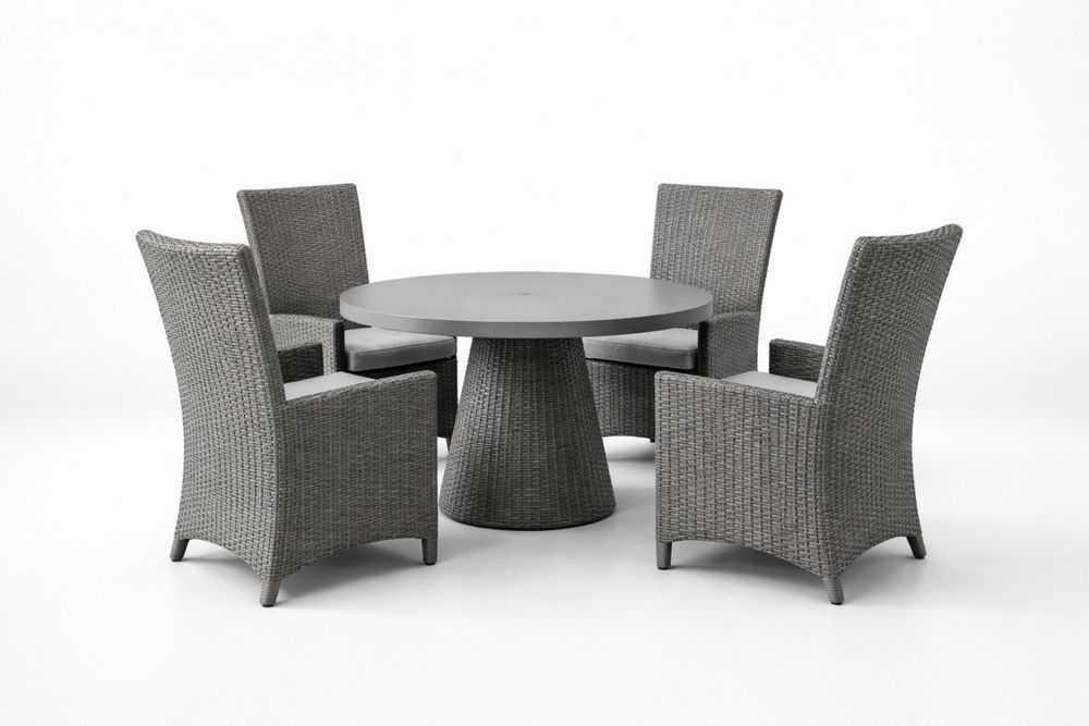 Outdoor Dining Set with Round Concrete Table and Wicker Chairs