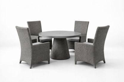 Outdoor Dining Set with Round Concrete Table and Wicker Chairs