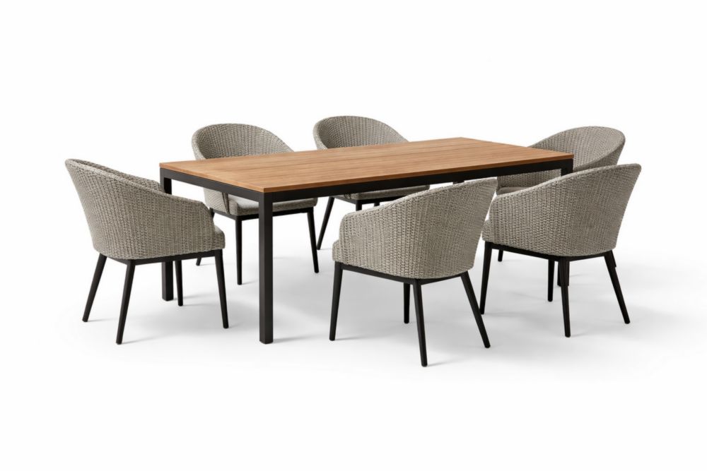 Outdoor Dining Set with Teak Table and Six Rattan Chairs