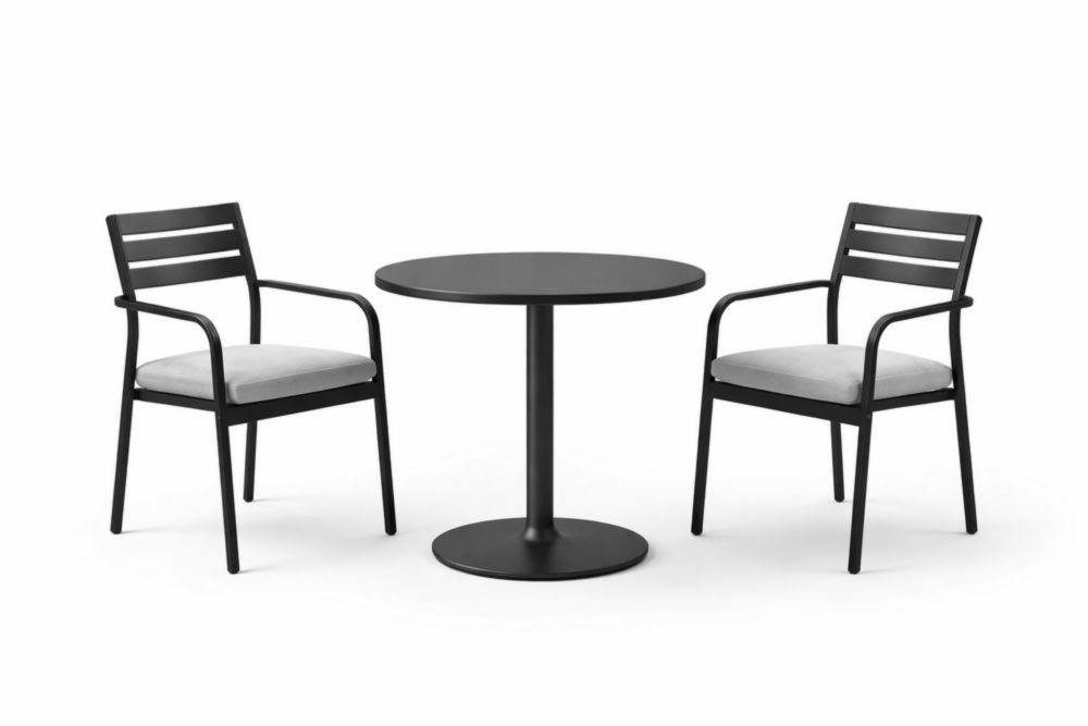 Black Steel Outdoor Dining Set with Round Table and Armchairs