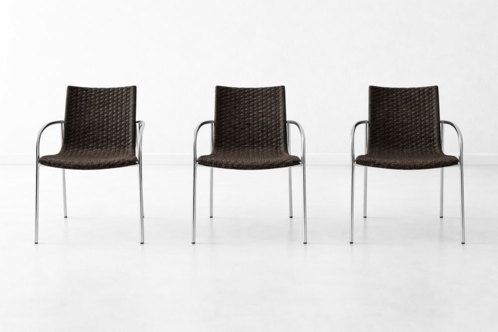 Set of 3 Brown Woven Resin Armchairs with Metal Frame