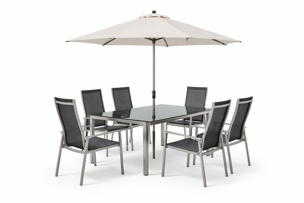 Aluminum Outdoor Dining Set with Tempered Glass Table, 6 Chairs, and Umbrella