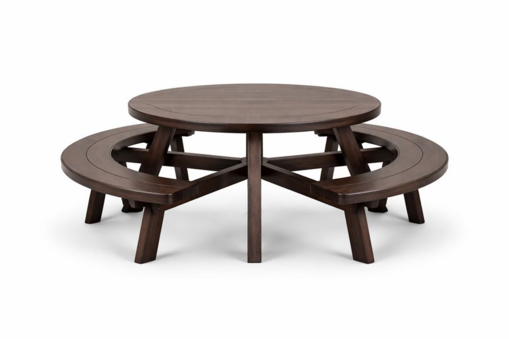 Round Solid Wood Outdoor Picnic Table with Bench Set