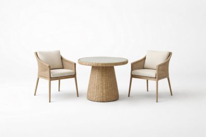 Glass Top Table and Wicker Armchair Dining Set, Beige