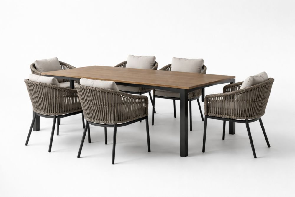 Outdoor Dining Set with Teak Wood Table and Wicker Chairs