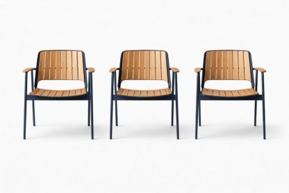 Set of 3 Metal and Hardwood Slat Armchairs Natural Finish