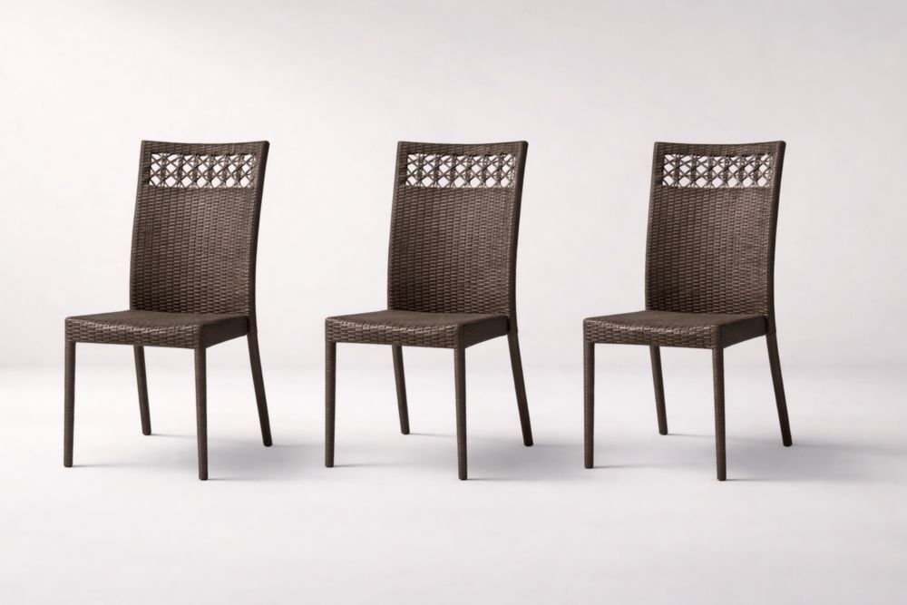 Set of 3 Brown Rattan Dining Chairs with Decorative Backrest