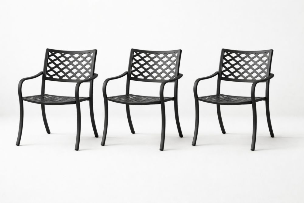 Set of 3 Black Metal Outdoor Armchairs with Lattice Design