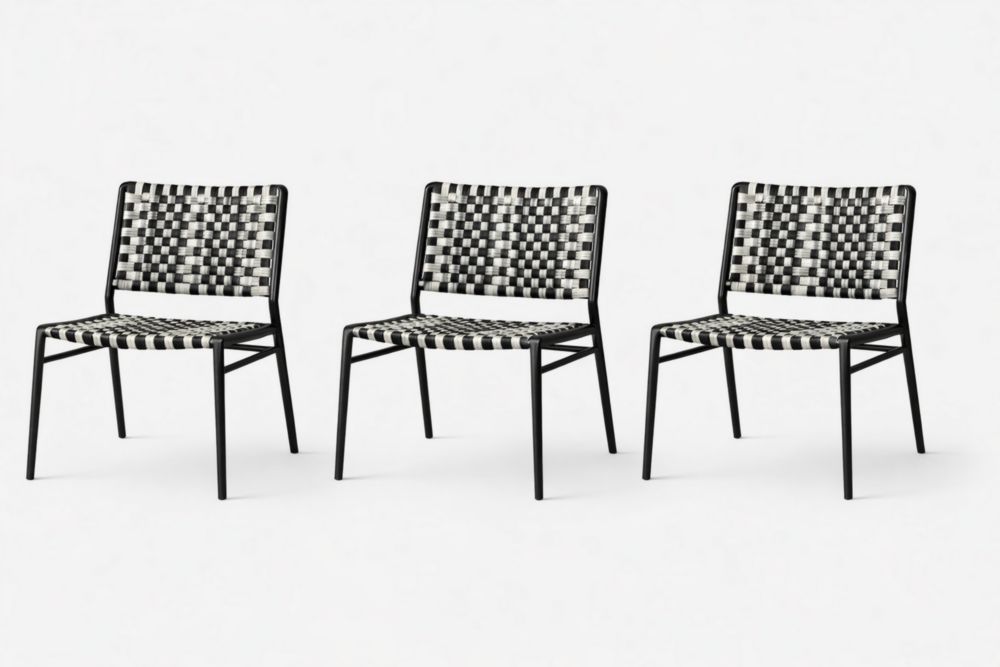 Set of 3 Woven Chairs Black and White Metal Frame