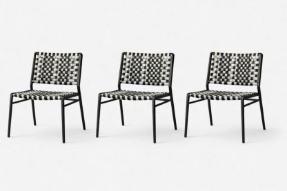 Set of 3 Woven Chairs Black and White Metal Frame