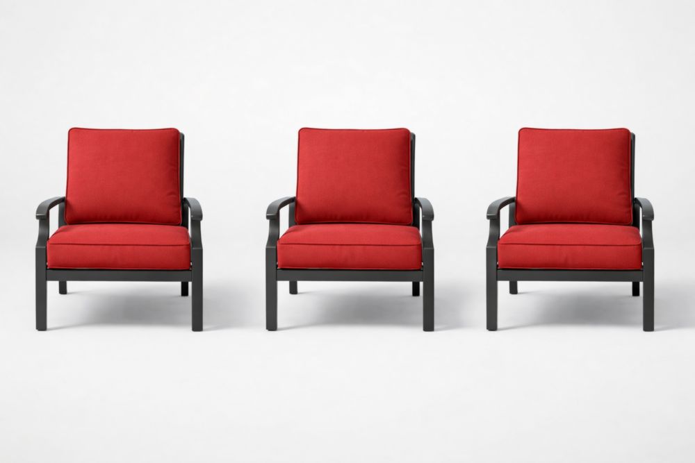 Set of 3 Red Outdoor Lounge Chairs with Metal Frame and Polyester Cushions