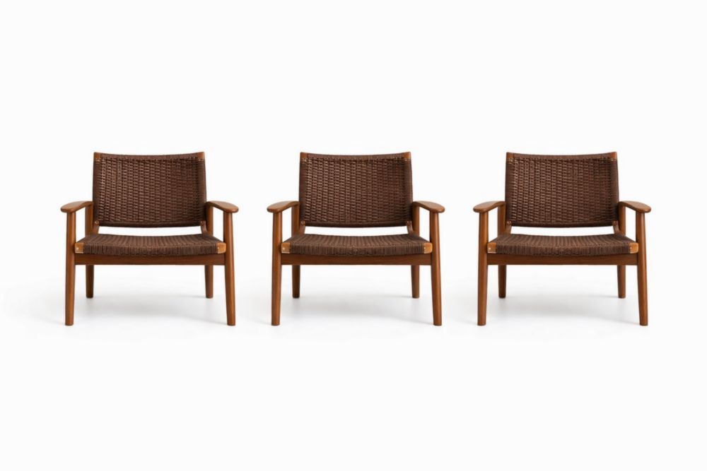 Set of 3 Teak Wood and Woven Resin Armchairs in Brown