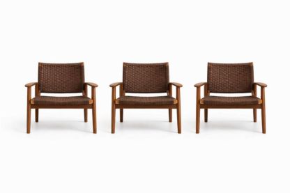 Set of 3 Teak Wood and Woven Resin Armchairs in Brown