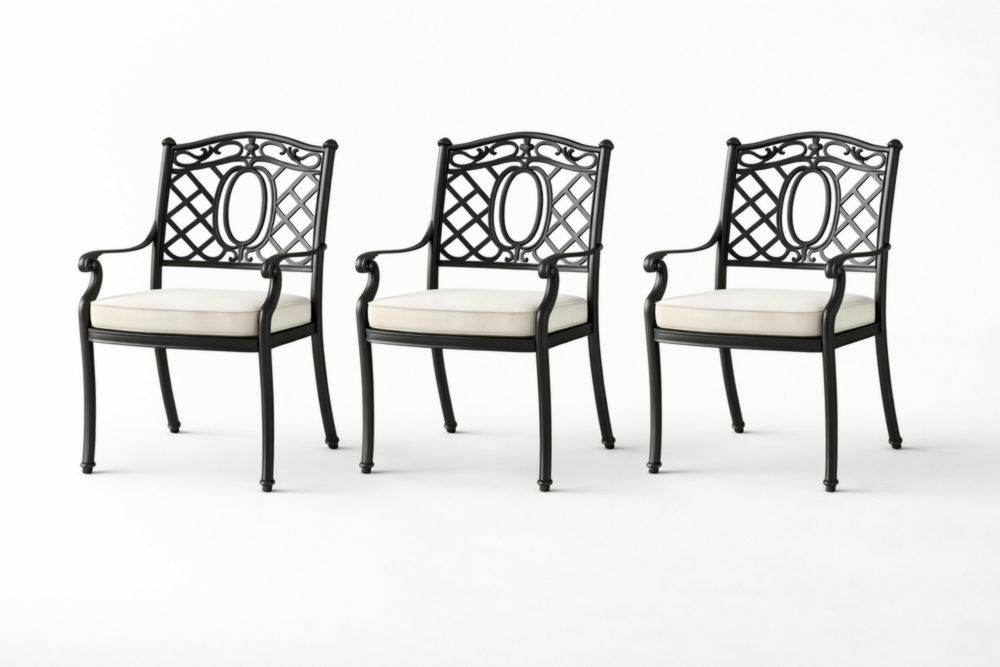 Set of 3 Cast Aluminum Armchairs with Cushions Black/Beige