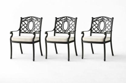 Set of 3 Cast Aluminum Armchairs with Cushions Black/Beige