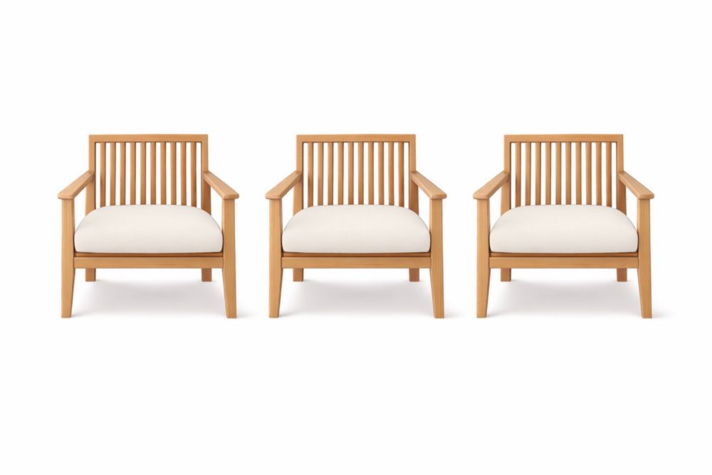 Wooden Armchair Set with Cushions Natural Color 3-Piece