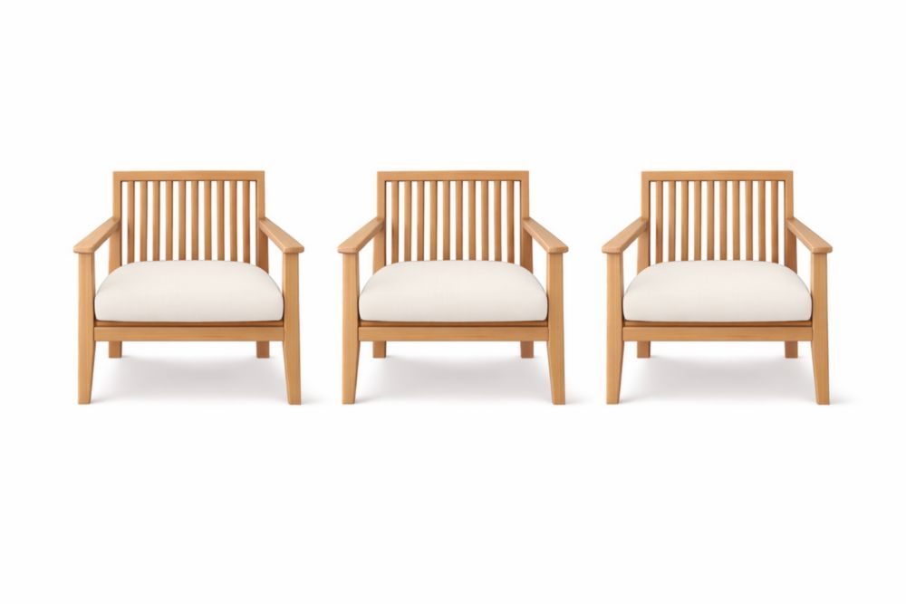 Wooden Armchair Set with Cushions Natural Color 3-Piece
