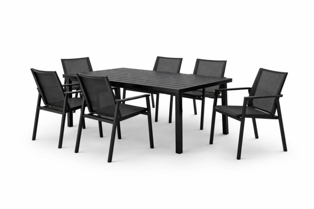 Outdoor Dining Set with Table and 6 Chairs Black Aluminum Frame Mesh Seats