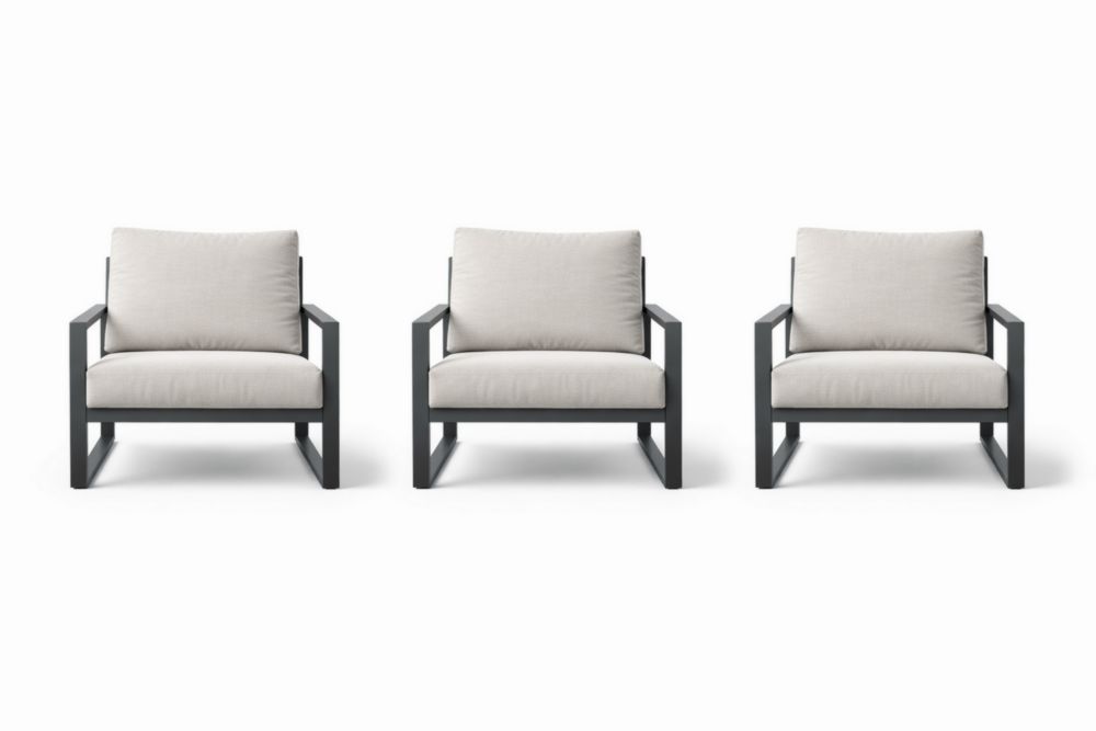 Set of 3 Grey Outdoor Armchairs with Aluminum Frame and Polyester Cushions