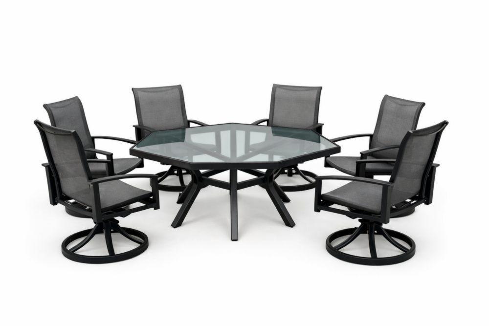 Outdoor Dining Set with Square Glass Table and Swivel Chairs in Black