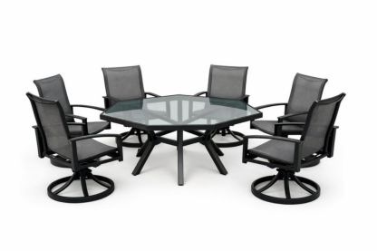 Outdoor Dining Set with Square Glass Table and Swivel Chairs in Black