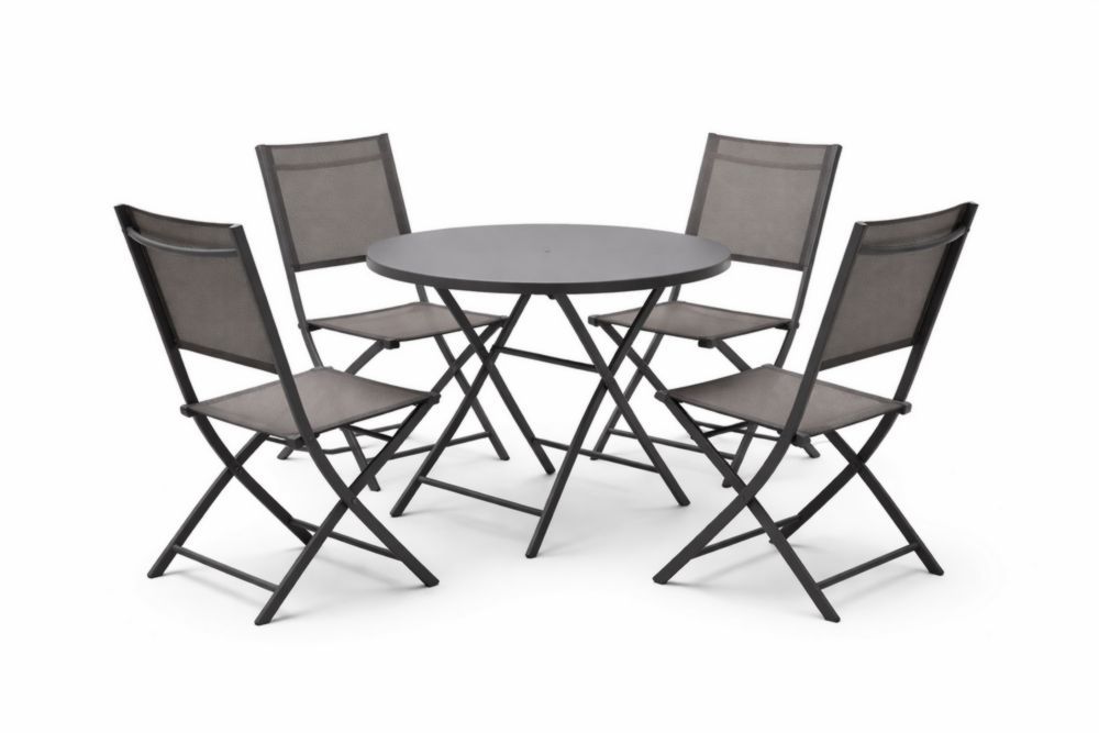 Gray Outdoor Folding Dining Set with Round Steel Table and Textilene Chairs