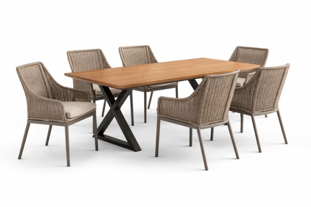 Rectangular Teak Wood and Steel Outdoor Dining Table Set with Six Wicker Chairs