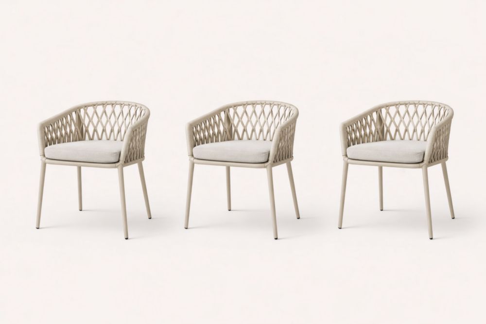 Set of 3 Woven Rope Armchairs with Cushions Beige